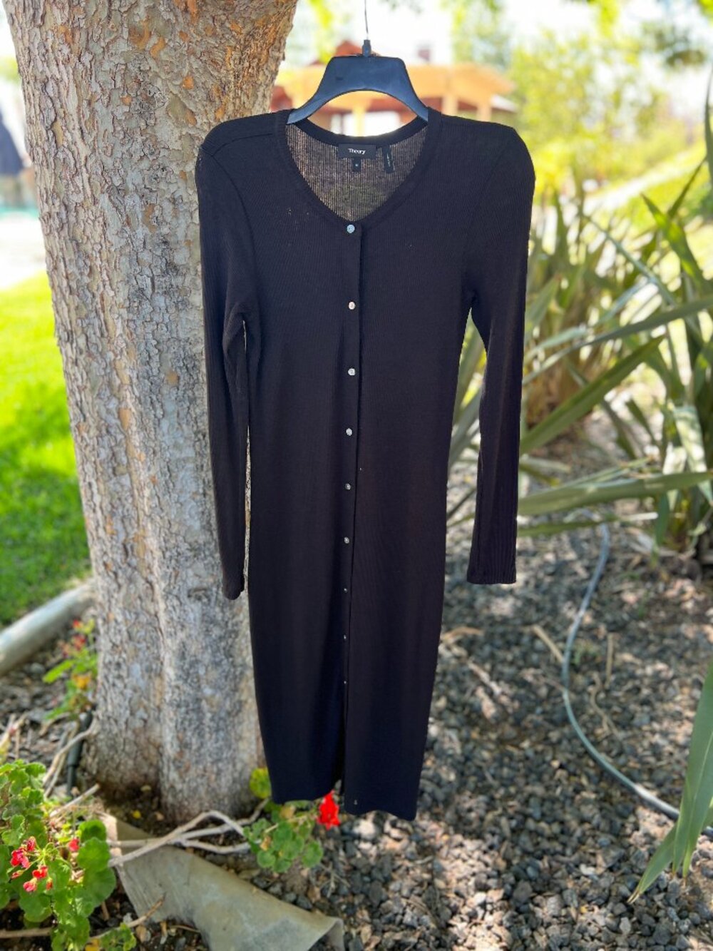 Theory Black Midi Dress - Button Down- Ribbed -Stretch - Size Medium